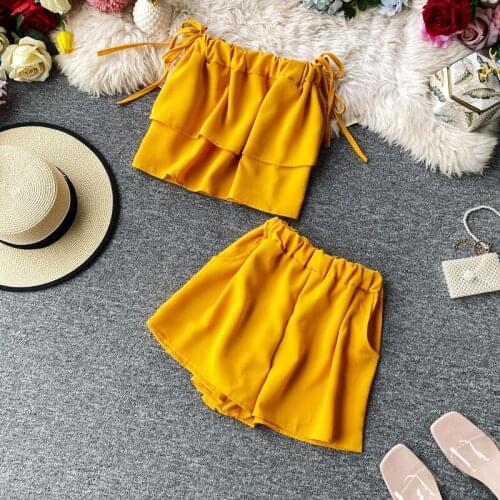 ALPHALMODA 2020 Summer Beach Style Women Pullover Ruffled Tops + Hot Shorts 2pcs Casual Set Solid Sling Blouse Shorts Set