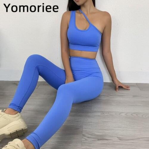 Oblique Shoulder Irregular Yoga Set Gym Sport Workout Running Training Bra & Pants Suit Seamless Solid Color Sportswear Yomoriee