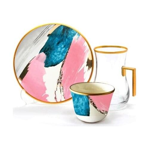 Drop Efe Handled Tea & Arabian Coffee Cup Set 18 Pieces Watercolor