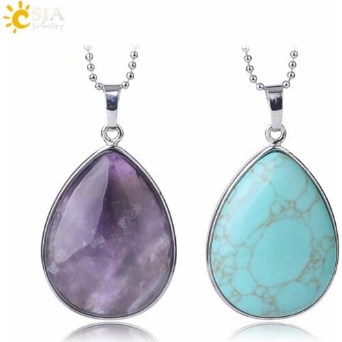 CSJA Natural Stone Pendants Tiger Eye Pink Quartz Purple Crystal Lapis Necklace Water Drop Flat Bead Women Healing Jewelry F982