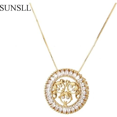 SUNSLL Golden Color Copper White Cubic Zirconia Round Children Pendant Necklaces Womens Fashion Jewelry CZ Colar Feminina