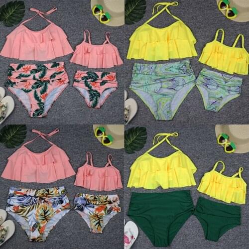 2021 Print Girls Swimsuit 2-pieces High Waist Ruffle Childrens Swimwear Mother And Daughter Swimsuit Family Matching Clothes