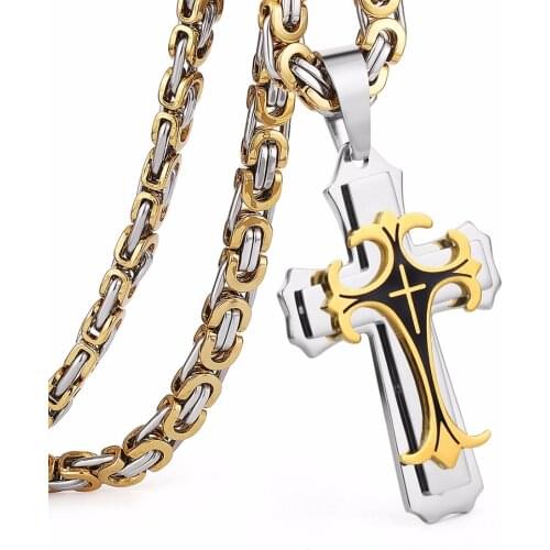 Stainless Steel Chain Men Necklace Gold Black Fleur-de-lis Cross Pendant cadenas para hombre Long Chains 55 60 65 70cm NZ004