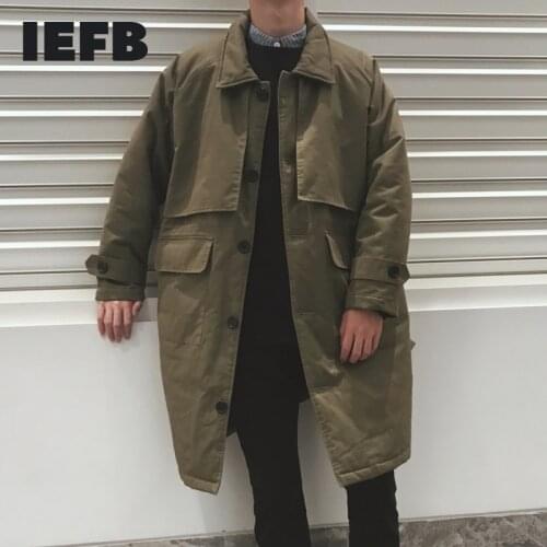 IEFB Mens Wear Single Breasted Green Padded Jacket Korean Trend Mid Length Winter Cotton Clothes Lapel Long Sleeve Coat 9Y8148