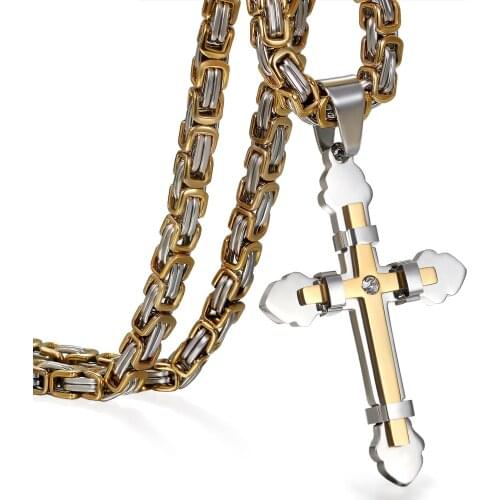 BONISKISS New Fashion Stainless Steel Cross Necklace Pendant for Men Byzantine Chain Necklace Boys 5mm 22-30 Inch Cross For Man