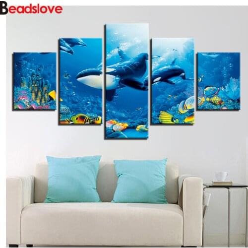 5 pcs Blue Ocean Killer Whale Sea With Small Fishes diamond painting full drill square round diamond embroidery cross stitch