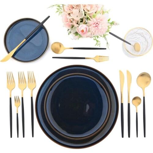 JANKNG 30Pcs Black Gold Cutlery Set Knife Fork Spoon Dessert Flatware Dinnerware Set Stainless Steel Silverware Matte Tableware