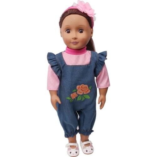 18 inch Girls doll clothes American newborn Jeans with suspenders + headbands Baby toys Homewear fit 43 cm baby dolls c614