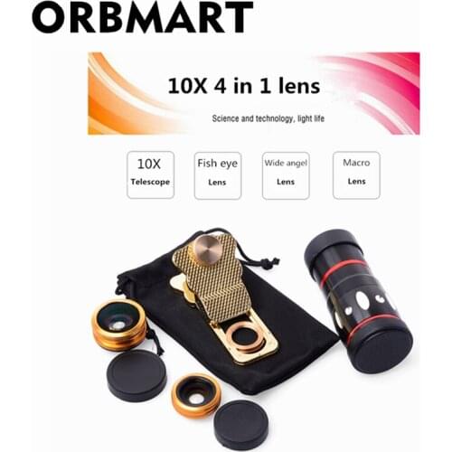 ORBMART Universal 4 in 1 Clip 10X Zoom Telescope Fisheye Wide Angel Macro Lens For iPhone SE 6 6S Plus Samsung S7 S6 Redmi Phone