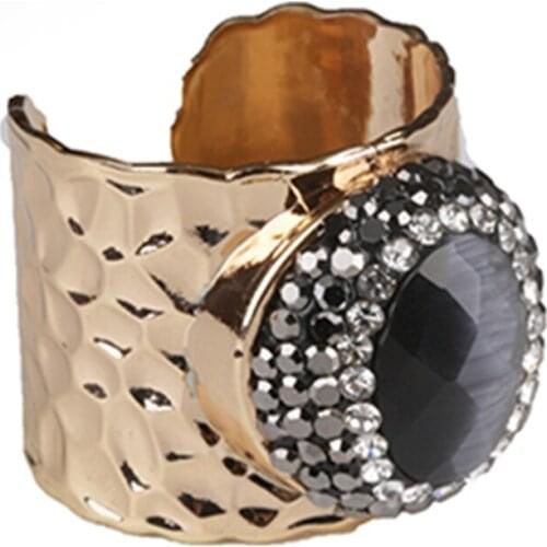 Oval faceted dark grey black cat eye stone bead charm wrapped resizable wide gold open hammered pattern ring cuff for woman man