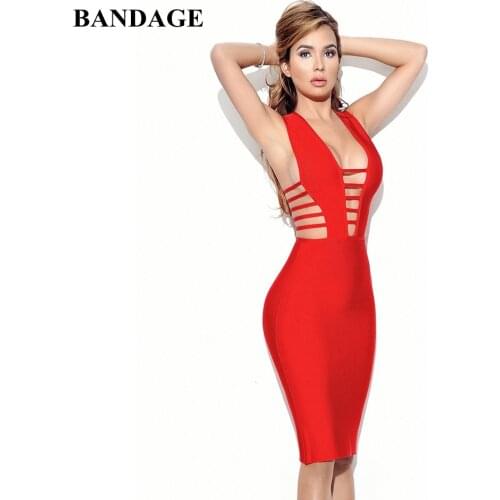Sexy Hollow Out V Neck Bandage Dress Factory Price Sheath Zipper Red Dresses Celebrity Party Club Sleeveless Knit Vestidos