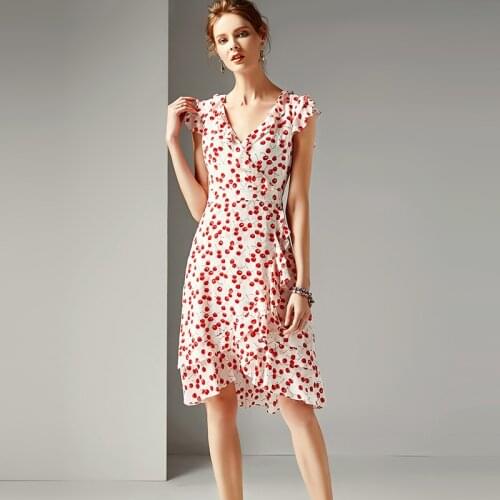 Dress Women 100% Silk Fabric Cherry Printed V Neck Butterfly Sleeve High Waist A-line Casual Style Dress New Fashion Summer 2019