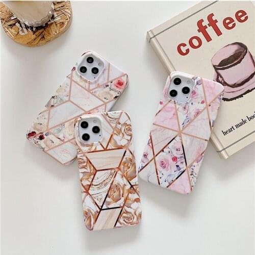 Luxurious ElectroPlated Geometric Marble Phone Case For iPhone 11 12 Mini Pro MAX 7 8 Plus XR XS Soft IMD Pink Flower Back Cover