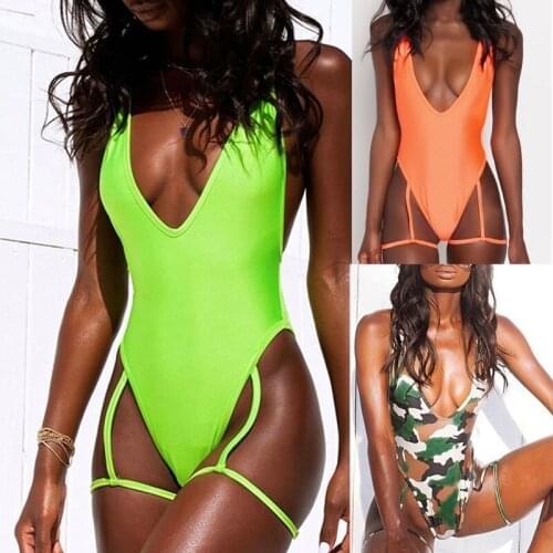 Sexy Deep V One Piece Neon Swimwear Summer Strap Bandage Bikinis 2019 Mujer Beachwear Monokini Women Plus Size Bathing Suit
