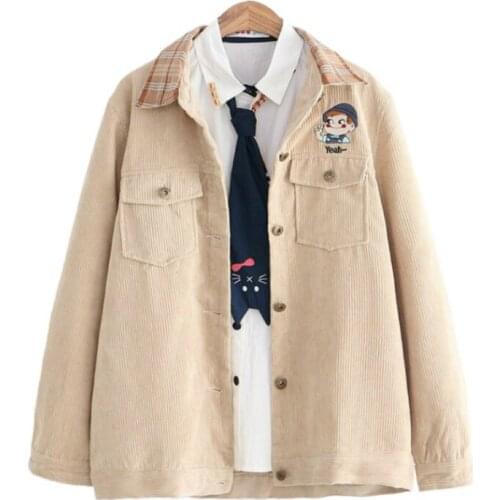 XUANHAO Corduroy Womens Cartoon Embroidery Basic Jackets And Coats 2020 Winter Warm Long Sleeve Turndown Collar Jackets