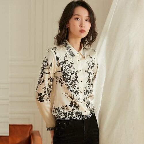 Silk Blouse Women Shirt Casual Style 95% Silk Flower Printed Turn-down Neck Long Sleeves Blouse Elegant Top New Fashion