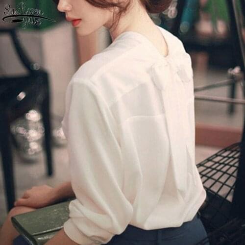2021 Autumn Korean Style Solid White Chiffon Blouse Long Sleeve Back Bow V-neck Women Tops and Blouse Office Lady Style 11571