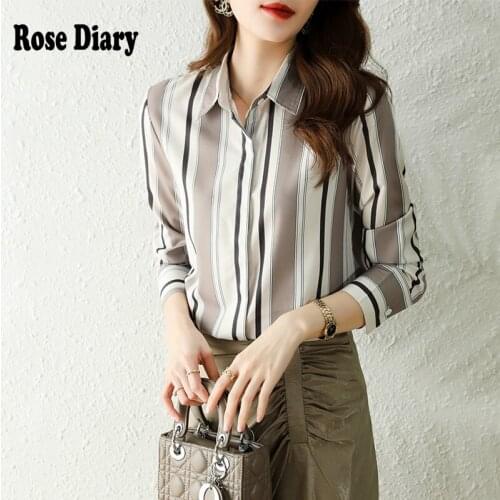 RoseDiaryStripes Shirt Women Design 2021 Autumn New Slim Fashion All-Match V Neck Chiffon Blouses Office Ladies Loose Casual Top