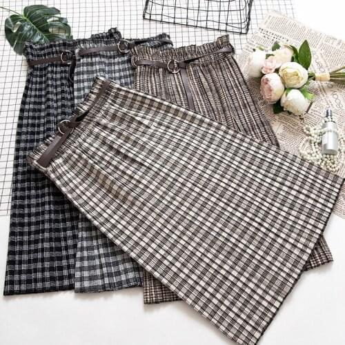 Womens Skirt Woolen Skirt Female Wild Plaid Long Pleated Skirt Elastic High Waist Slim Skirt Women