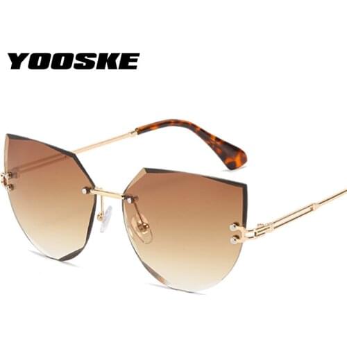 YOOSKE Rimless Sunglasses Women Fashion Cat Eye Sun Glasses Ladies Gradient Clear Pink Ocean Lens Eyewear Diamond Cutting Lenses