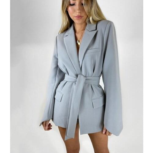 Women Notched Collar Blazer Lace Up Waist Fitted Suit Coat Autumn Jacket Solid Color Chic Blazer