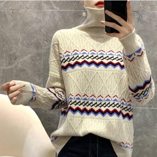 New autumn winter womens turtleneck sweater 100% pure Wool Cashmere pullover loose large size knitted ladies sweater