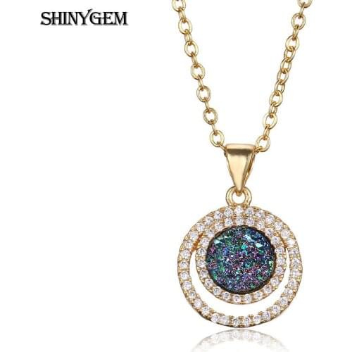 ShinyGem Transmigration Round Druzy Crystal Pendant Necklace For Women Double Loop CZ Gold Chain Necklace Natural Stone Necklace
