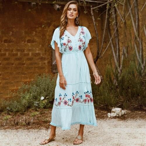 Jastie Boho Floral Embroidery Maxi Dress V Neck Ruffle Sleeve Vintage Female Vestido 2020 Summer Hippie Beach Long Women Dresses