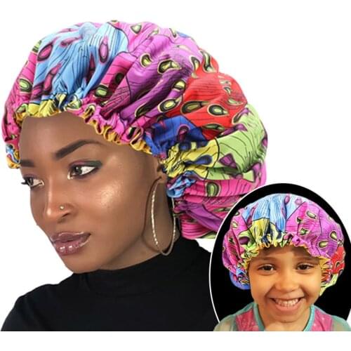 2pcs/set Parent child bonnet hat African pattern print fabric Ankara bonnet sleep turban cap Women Hair Treatment Protect Hair