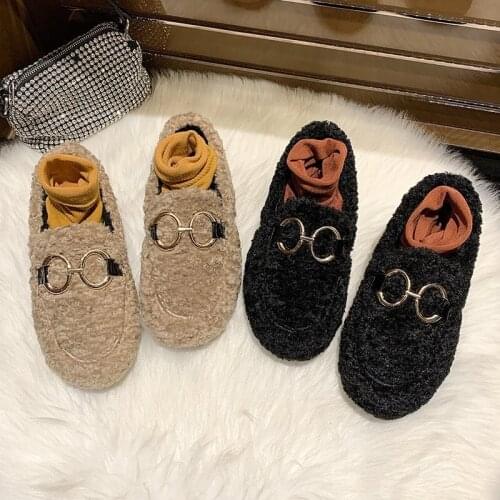 2021 New Autumn Winter Fur Women Shoes Woman Slip on Solid Warm Plush Casual Shoes Circle Metal Buckle Loafers Flats Plus Size