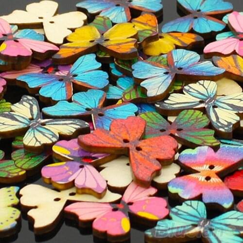 50pcs 2 Holes Mixed Color Butterfly Wooden Buttons Sewing Scrapbooking DIY
