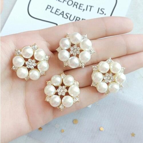 50pcs 24*28mm Gold/Silver Rhinestone Pearl Flower Button Bead Frog For Kids Hair Ornament Scrapbooking Bride Headwear Accessory