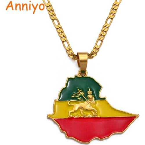 Anniyo Map of Ethiopia Pendant Chain Necklaces For Women Men,Gold Color Flag Ethiopia Maps Jewelry Accessories #225606
