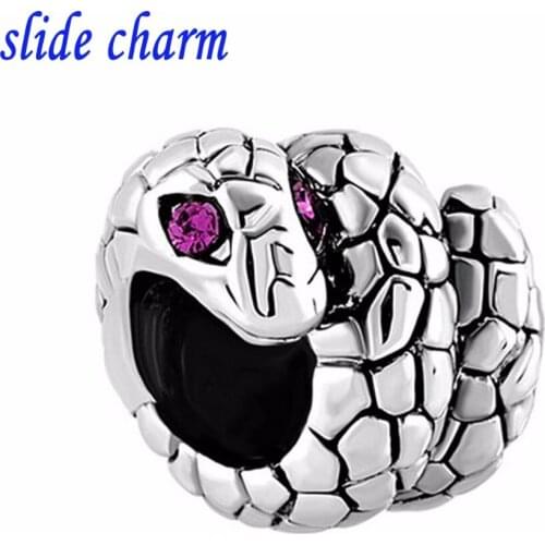 Slide charm Free shipping purple crystal eye cobra animal charm beads fit Pandora bracelet