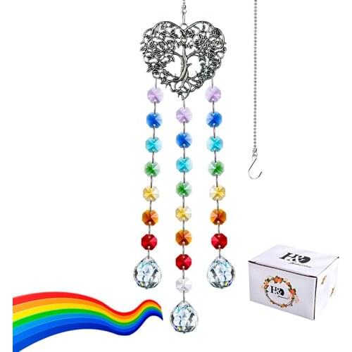 H&D Chakra Window Hanging Crystal Prism Suncatcher Heart Shaped Metal Tree of Life Charm Rainbow Maker Gift Home Garden Decor