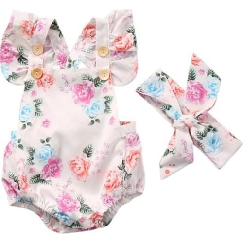 Cute Floral Romper 2pcs Baby Girls Clothes Jumpsuit Romper+Headband 0-18M Age Ifant Toddler Newborn Outfits Set