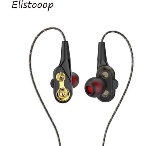 Elistooop Wired Earphone Dual Dynamic Quad core 3.5mm HiFi Speaker In ear earbuds Anti wrap HD Microphone Flexible Cable 2018