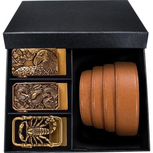 Hi-Tie Luxury Brand Gift Box Genuine Leather Belt Men Male Orange Color Leather Automatic Buckle Belts for Men Fashion Designer