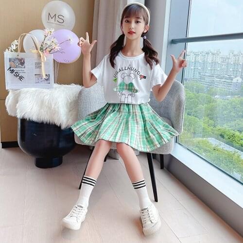 Korean Classic Girls College Style Skirt Suit Summer Light T-shirt + Skirt Prom Clothes Two-piece Suit Teenage Kids Clothes Suit