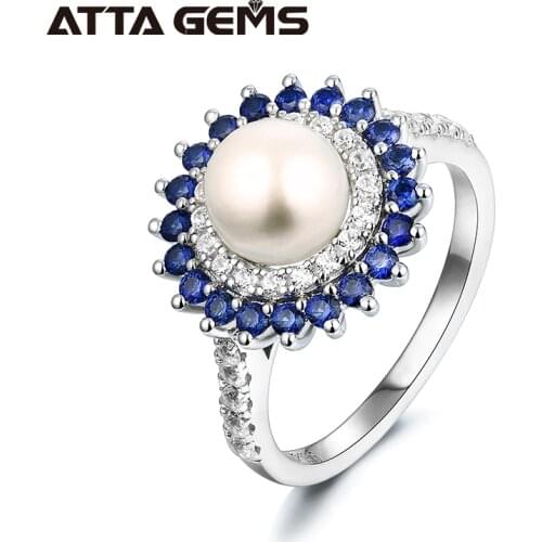 Natural Freshwater Pearl Sapphire Sterling Silver Womens Ring Round 7mm Pearl Classic Style Jewelry Gift for Elegant Lady