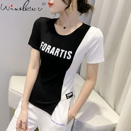 Summer European Clothes Cotton T-Shirt Sexy Color Blocking Print Letter Women Tops Bottoming Shirt Casual Tees New 2021 T17301A