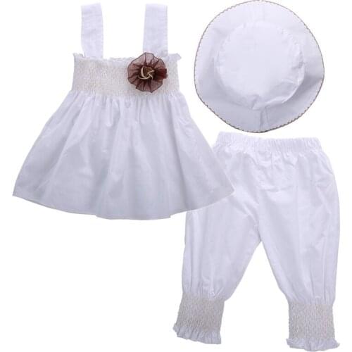 Hot 3PCS Baby Girl Clothes Set Newborn Toddler Kids Floral White Tank Tops Dress Pants Hat Wedding Party Princess Outfits Summer