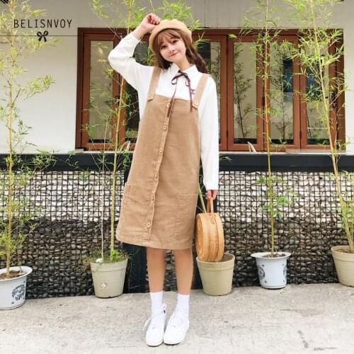 Japanese Preppy Style Cute Dresses Women Strap Sleeveless Corduroy Tank Dress Kawaii Girls Collage Elegant Korean Dress
