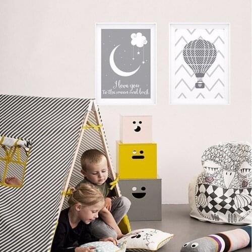 Cartoon Cloud Moon Hot Air Balloon Poster Off-white Minimalist Canvas Painting Kindergarten Childrens Room Wall Decor Pictures