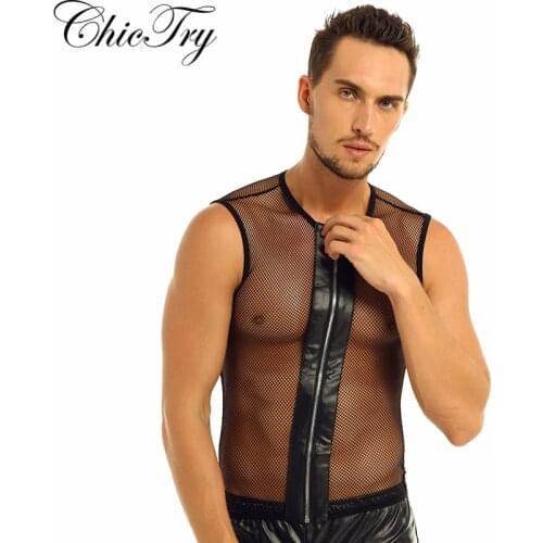 Male Mens T Shirt Sleeveless See-through Mesh Fishnet Zipper Muscle Clubwear T-Shirt Cosplay Party Dance Performance Costumes