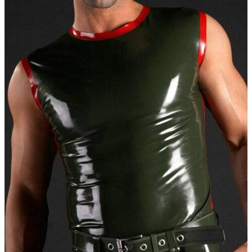 Army Green Latex Men Vest Top Shirt Sleeveless Costume Male Tops Rubber Clothes Wet Look Suit 100% Handmade