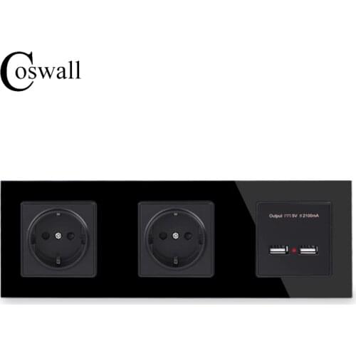 COSWALL Wall Crystal Glass Panel Double Socket 16A EU Electrical Outlet Dual USB Smart Charging Port 5V 2A Output Black Color