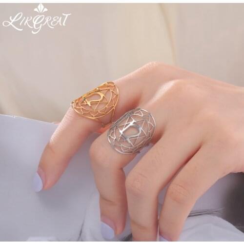 Gothic Chakra Mandala Lotus Flower Engagement Rings Jewlery for Women Stainless Steel Gold Color Adjustable Love Wedding Ring