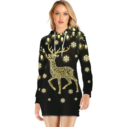 Autumn and winter Christmas new hot reindeer digital 3D printing womens casual hooded sweater long-sleeved sweater skirt
