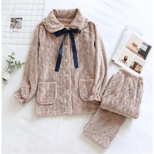 Coral Fleece Pajamas Suit Womens Autumn And Winter Thickened Flannel Velvet Warm Long-Sleeved Home Wear Set Sleepwear For Girl